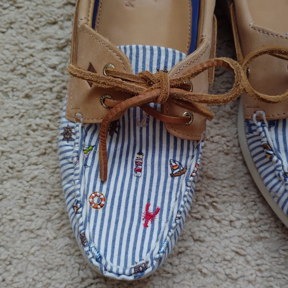 Sperry Women's Tan and Blue Striped Boat Shoes - Picture 3 of 7